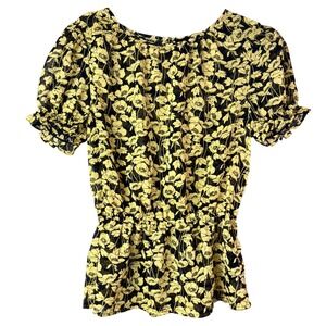 Who What Wear Floral Blouse Top Yellow Black Short Sleeve Smocked Waist‎ Small